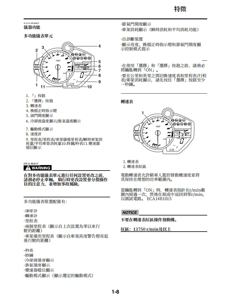 2019-2011年雅馬哈R1維修手冊繁体中文和英文全車扭矩錶折開圖線路圖故障程式碼