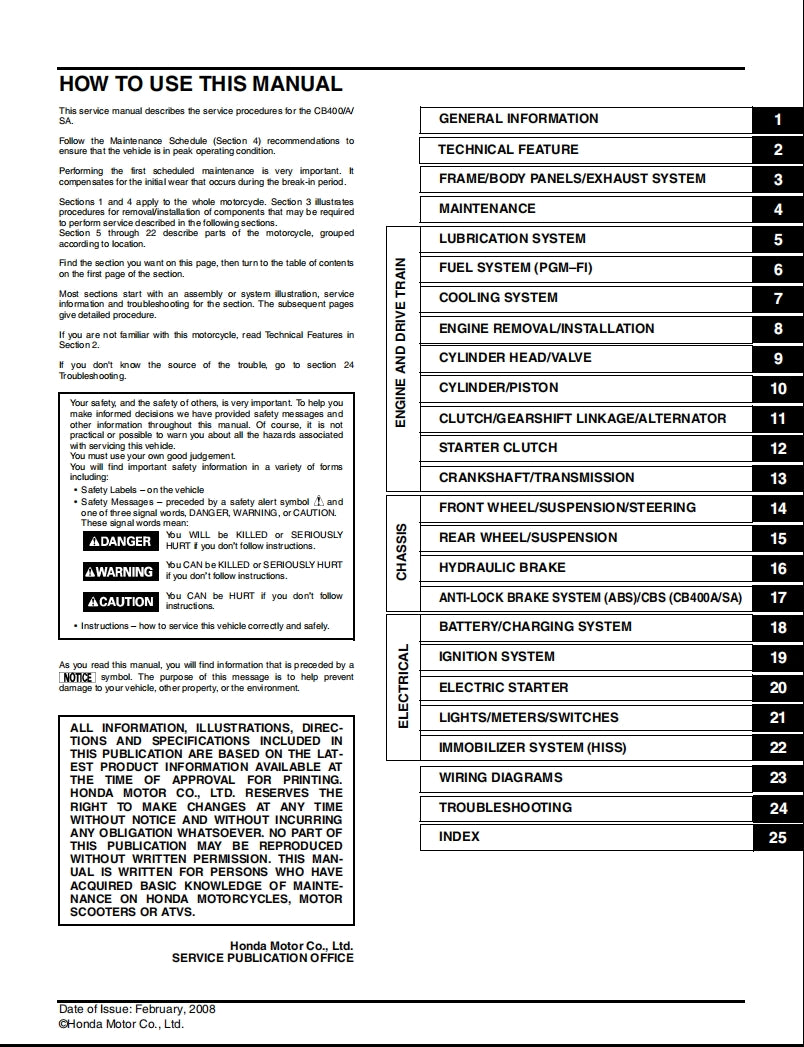 2008本田CB400 VTEC 4維修手冊維修手冊中文和簡體中文全車線路圖故障碼分析數據維修DIY工具