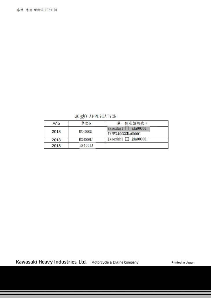 川崎2018年ninja400維修手冊繁体中文和西班牙語全車扭矩錶折開圖線路圖故障程式碼