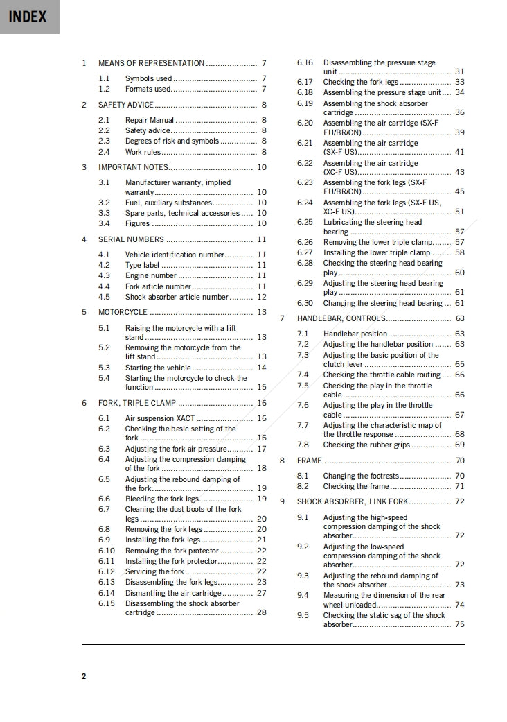 KTM 2023 250SX F XC F T Service Manual Vehicle parts disassembly diagram fault code query vehicle torque data and circuit diagram