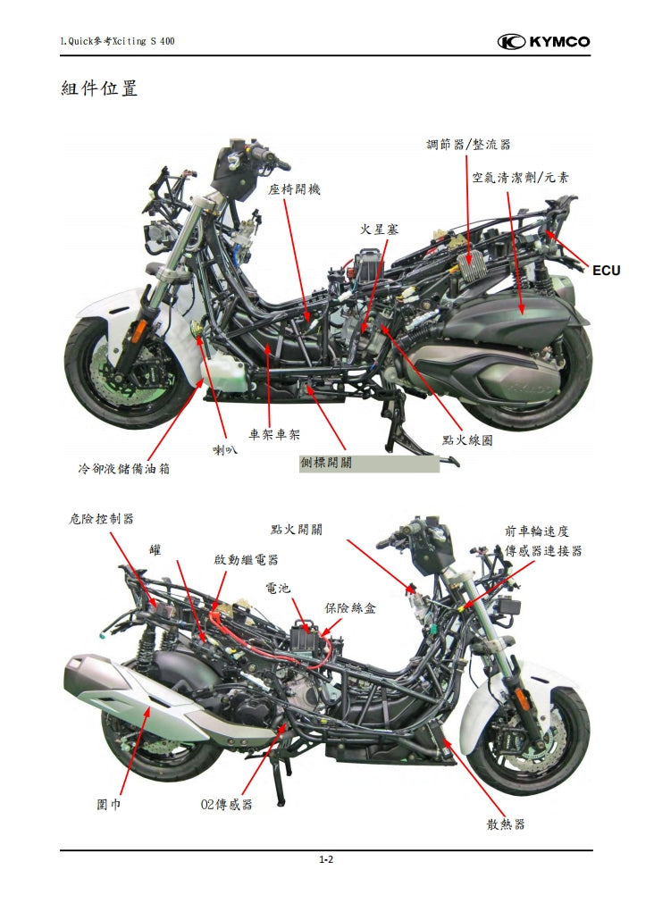 光陽 賽艇 Xciting S400維修手冊繁体中文和英文全車扭矩錶折開圖線路圖