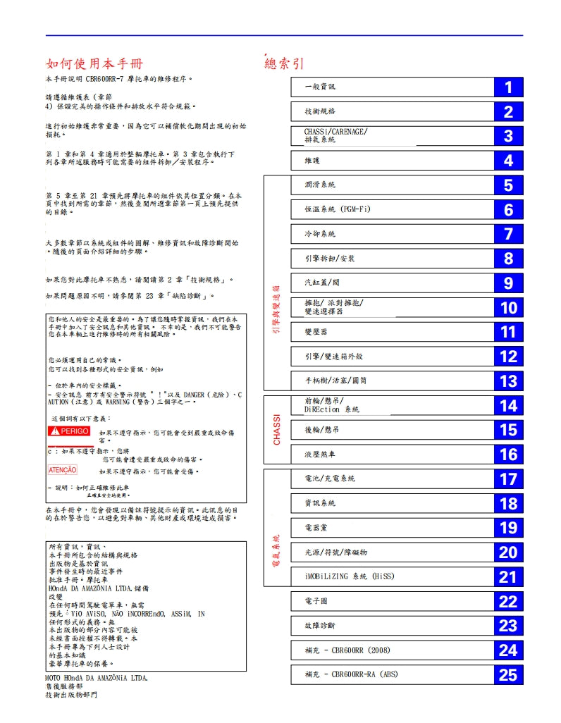 本田 2007-2010年 F5 CBR600RR維修手冊ABS繁体中文和葡萄牙語全車扭矩錶折開圖線路圖故障程式碼