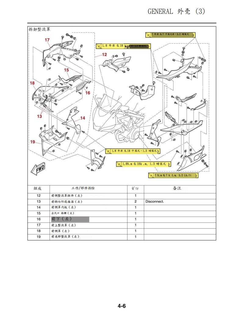 2019年雅馬哈R3維修手冊繁体中文和英文全車扭矩錶折開圖線路圖故障程式碼