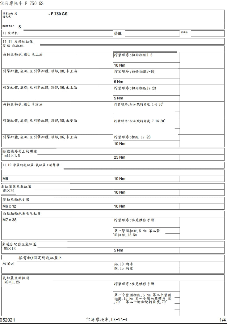 寶馬BMW F750GS維修手冊繁体中文和英文全車扭矩錶折開圖