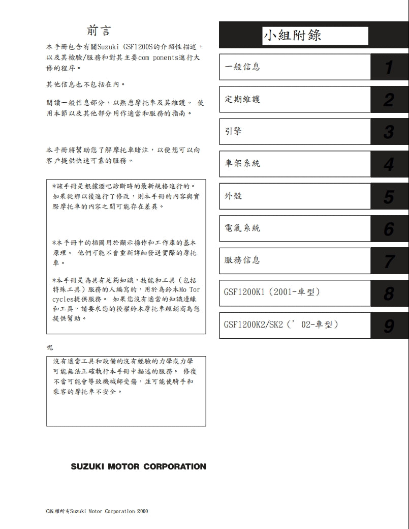 2000鈴木GSF1200維修手冊繁体中文和英文全車扭矩錶折開圖線路圖