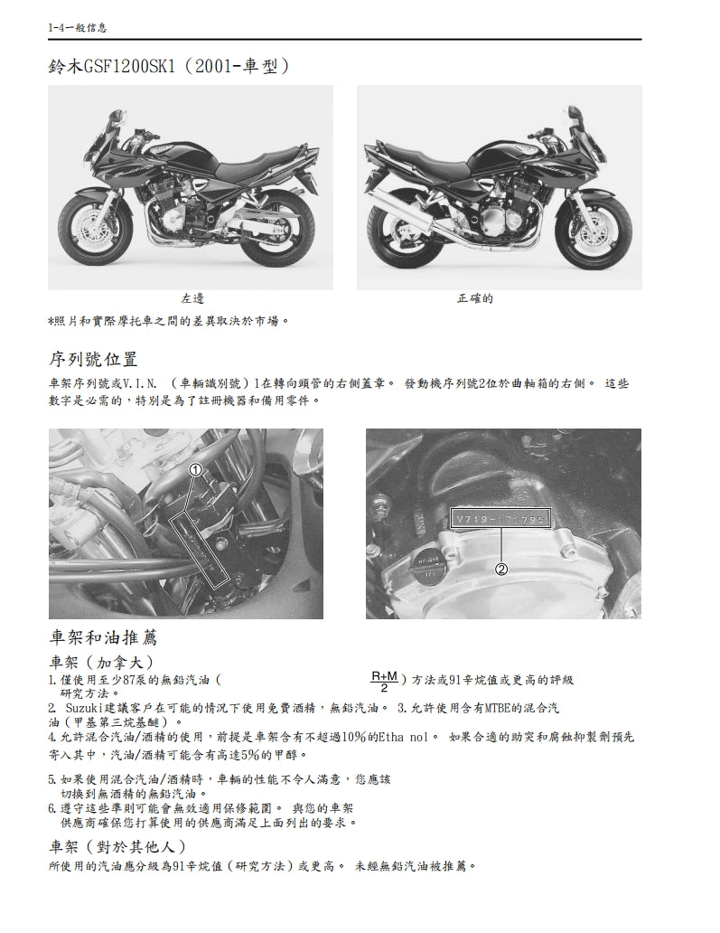 2000鈴木GSF1200維修手冊繁体中文和英文全車扭矩錶折開圖線路圖