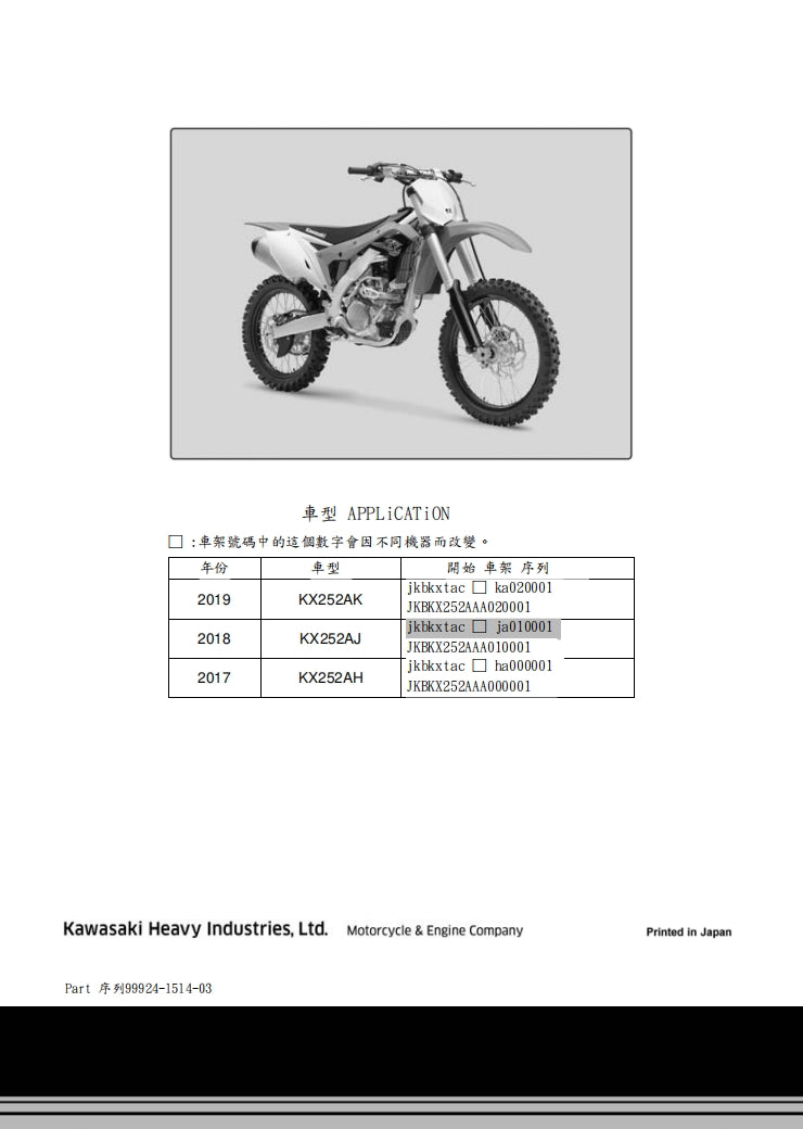 2017-2019川崎KX250維修手冊繁体中文和英文全車扭矩錶折開圖線路圖故障程式碼