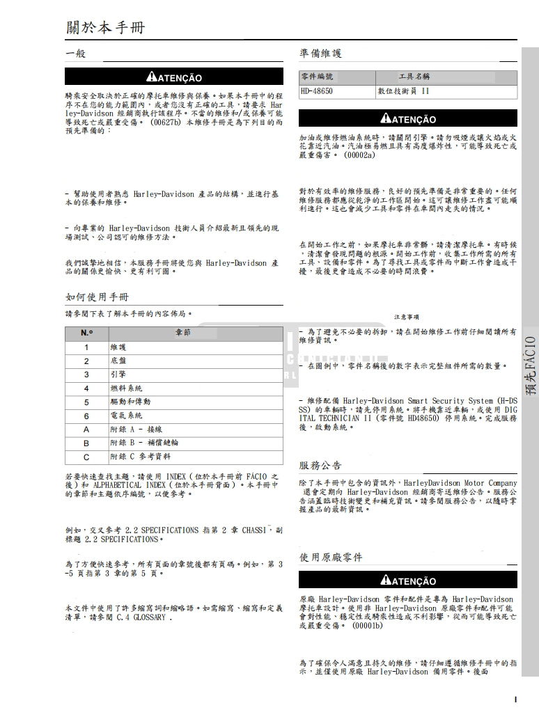 2016哈雷sportster運動者維修手冊繁体中文和葡萄牙語全車扭矩錶折開圖故障程式碼