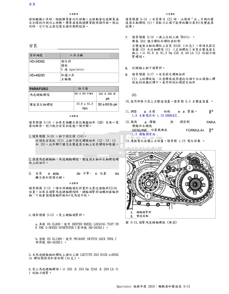 2016哈雷sportster運動者維修手冊繁体中文和葡萄牙語全車扭矩錶折開圖故障程式碼