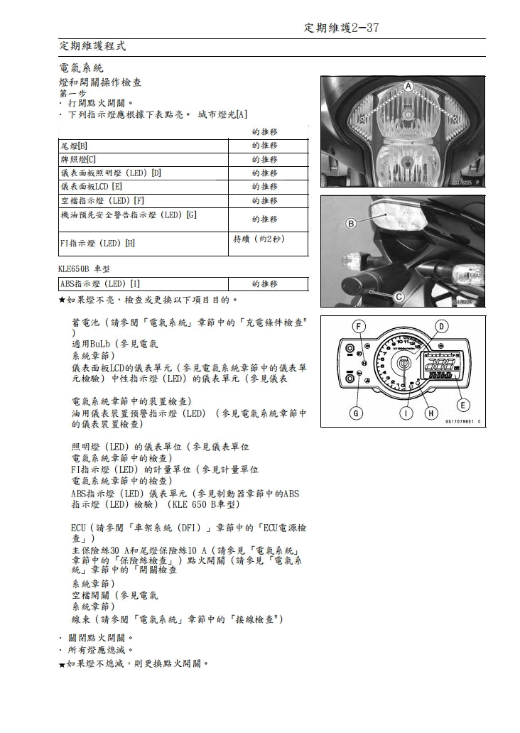 2007川崎VERSYS KLE650維修手冊繁体中文和英文全車扭矩錶折開圖線路圖故障程式碼