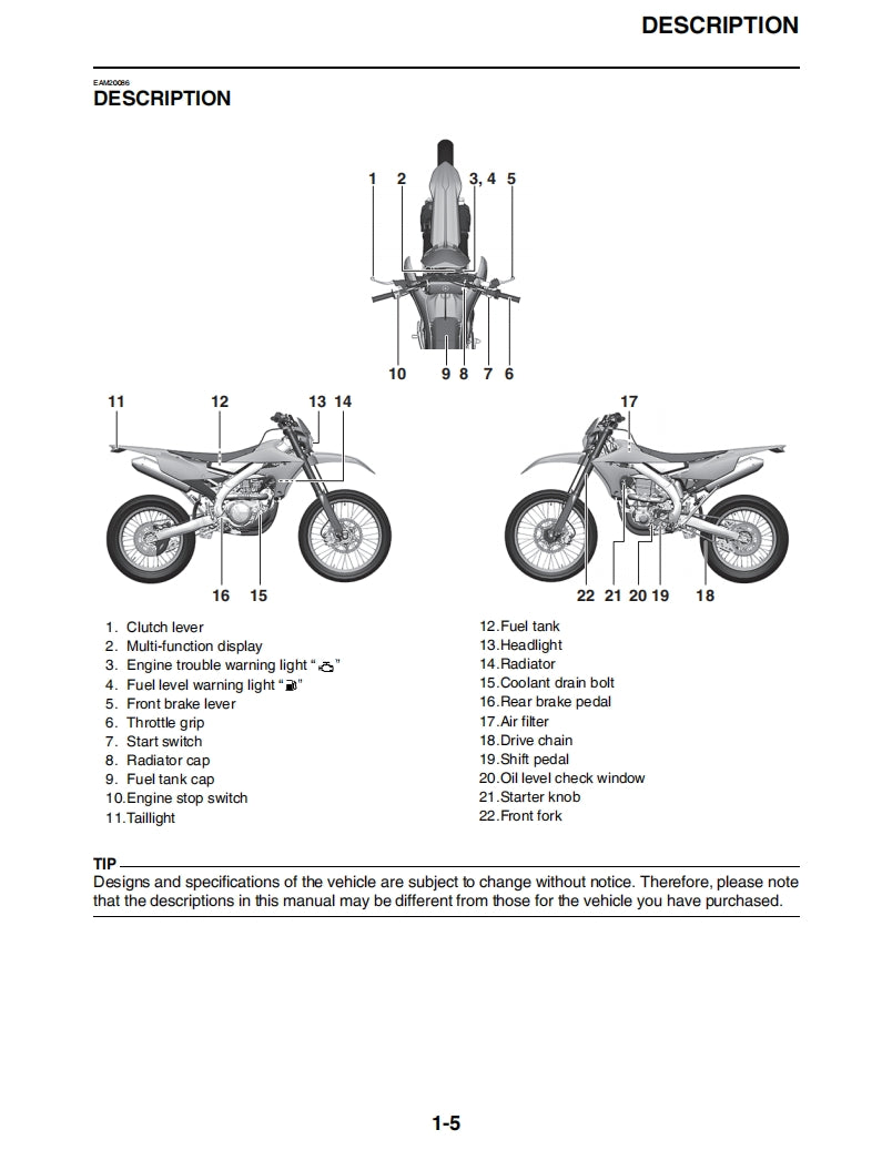 2022 Yamaha WR450F service manual Vehicle parts disassembly diagram fault code query vehicle torque data and circuit diagram