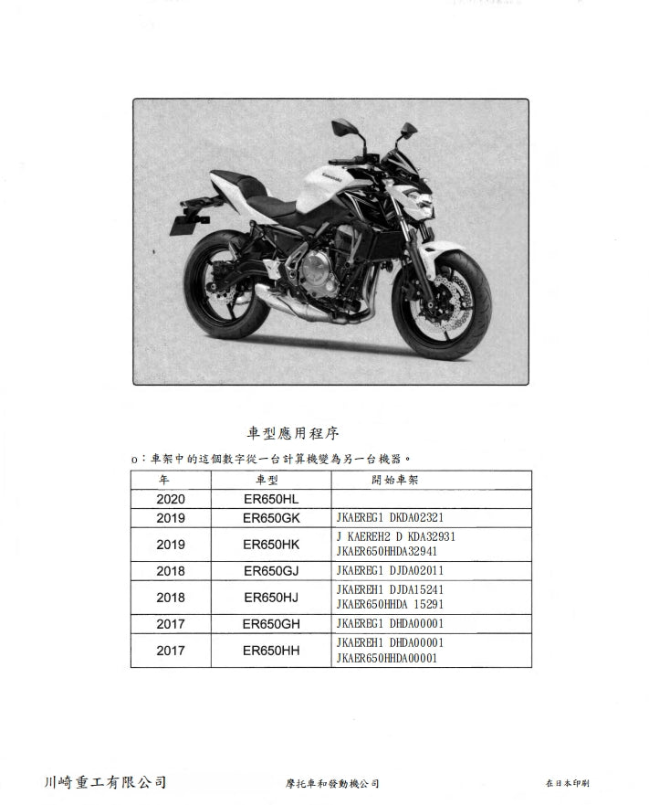 2017-2020川崎z650維修手冊繁体中文和英文全車扭矩錶折開圖線路圖故障程式碼