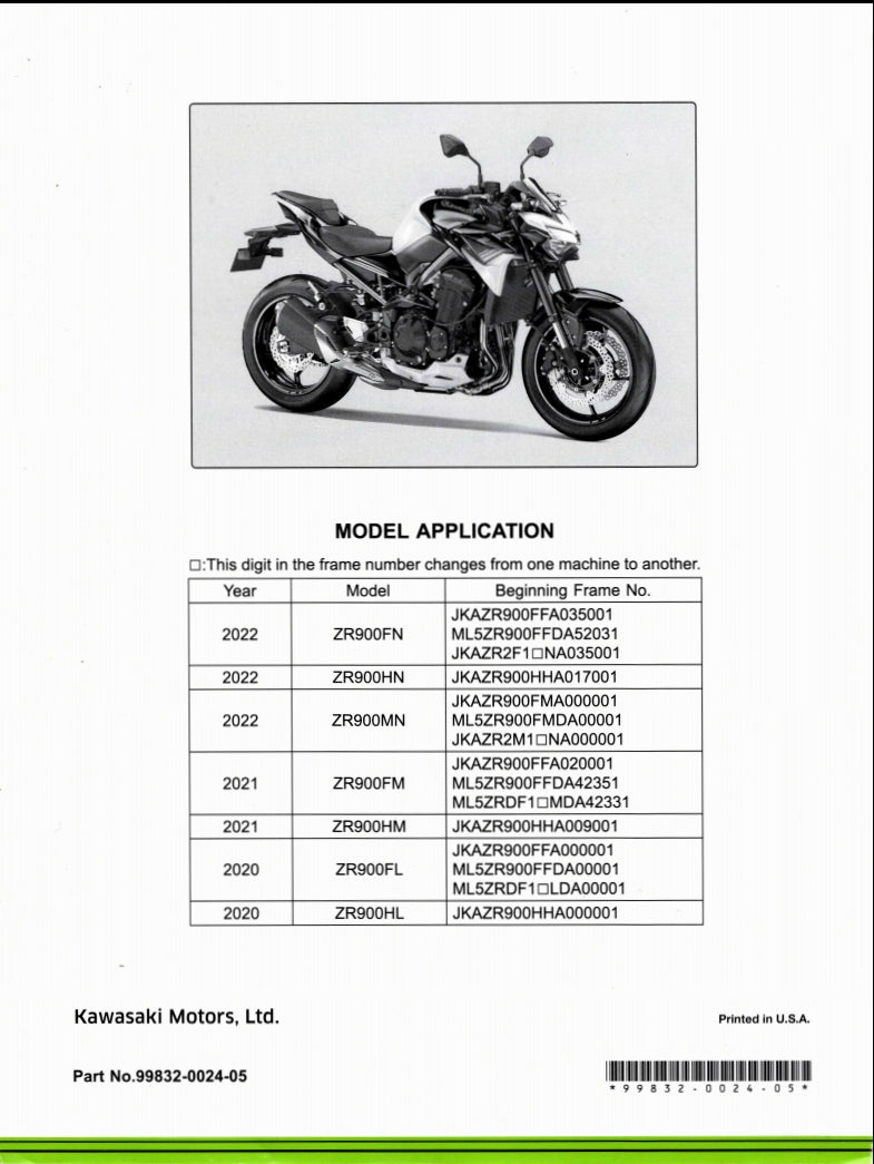 Kawasaki 2020-2022 Z900 Service Manual Vehicle parts disassembly diagram fault code query vehicle torque data and circuit diagram