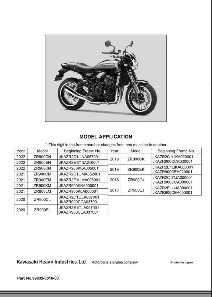 Kawasaki 2020-2022 Z900RS Service Manual Vehicle parts disassembly diagram fault code query vehicle torque data and circuit diagram