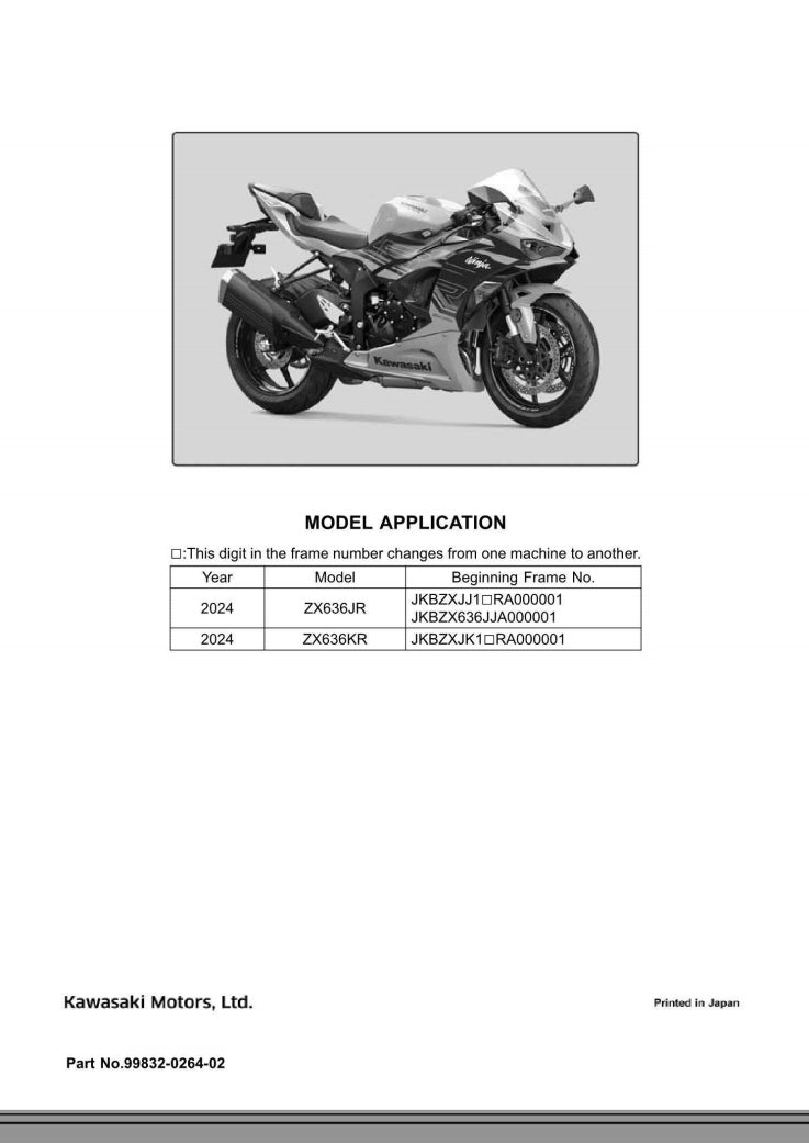 Kawasaki 2024 Ninja ZX-6R Service Manual Vehicle parts disassembly diagram fault code query vehicle torque data and circuit diagram