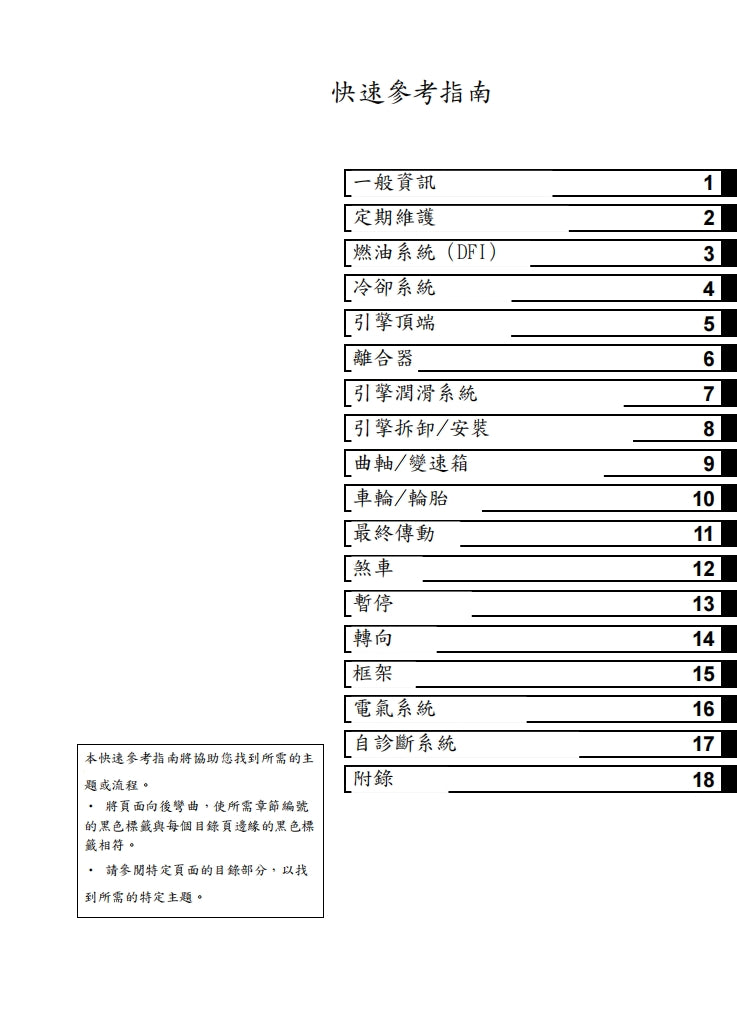 川崎2016-2019年ZX-10R維修手冊繁体中文和英文全車扭矩錶折開圖線路圖故障程式碼