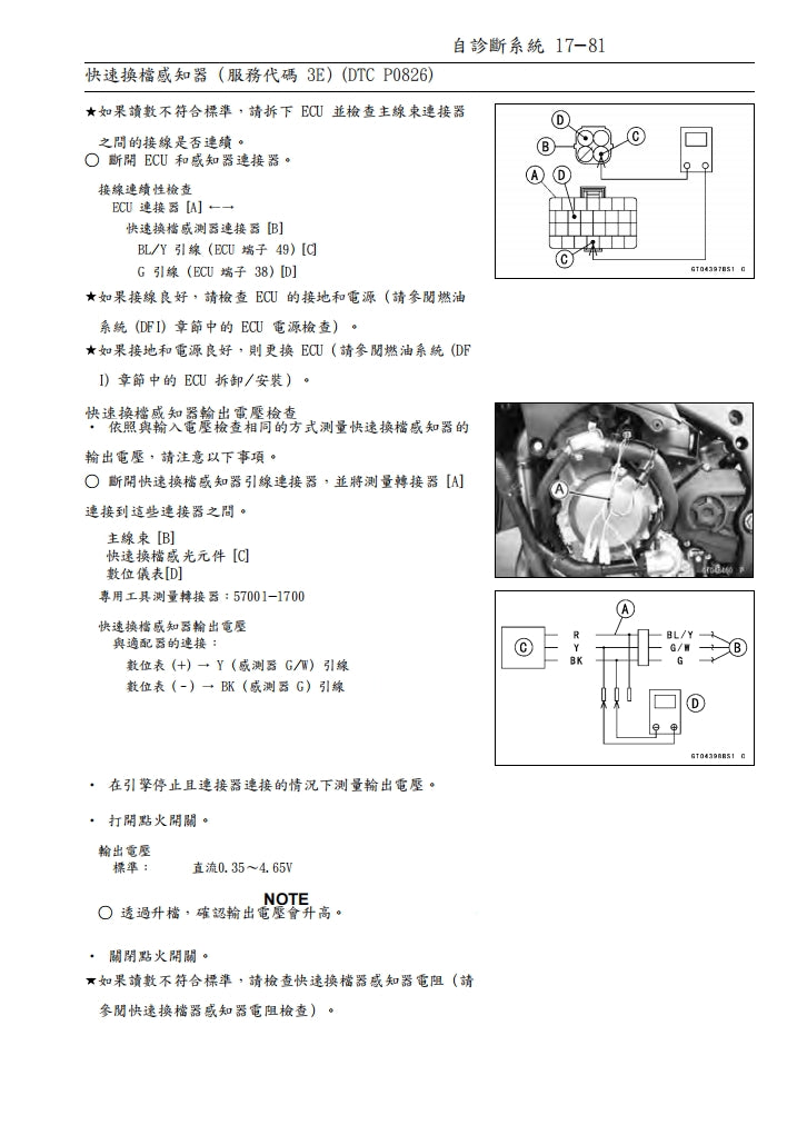 川崎2016-2019年ZX-10R維修手冊繁体中文和英文全車扭矩錶折開圖線路圖故障程式碼